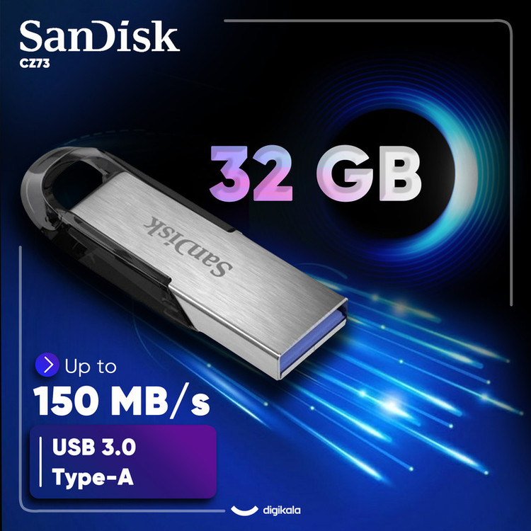 فلش مموری سن دیسک مدل CZ73 ظرفیت 32 گیگابایت با بدنه فلزی، رابط USB 3.0 و سرعت انتقال 150 مگابایت بر ثانیه، سازگار با ویندوز و مک و مناسب موبایل، تبلت، لپتاپ و تلویزیون