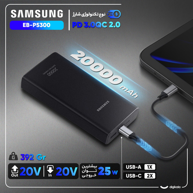 پاوربانک 25 وات سامسونگ مدل EB-P5300 ظرفیت 20000 میلیآمپرساعت