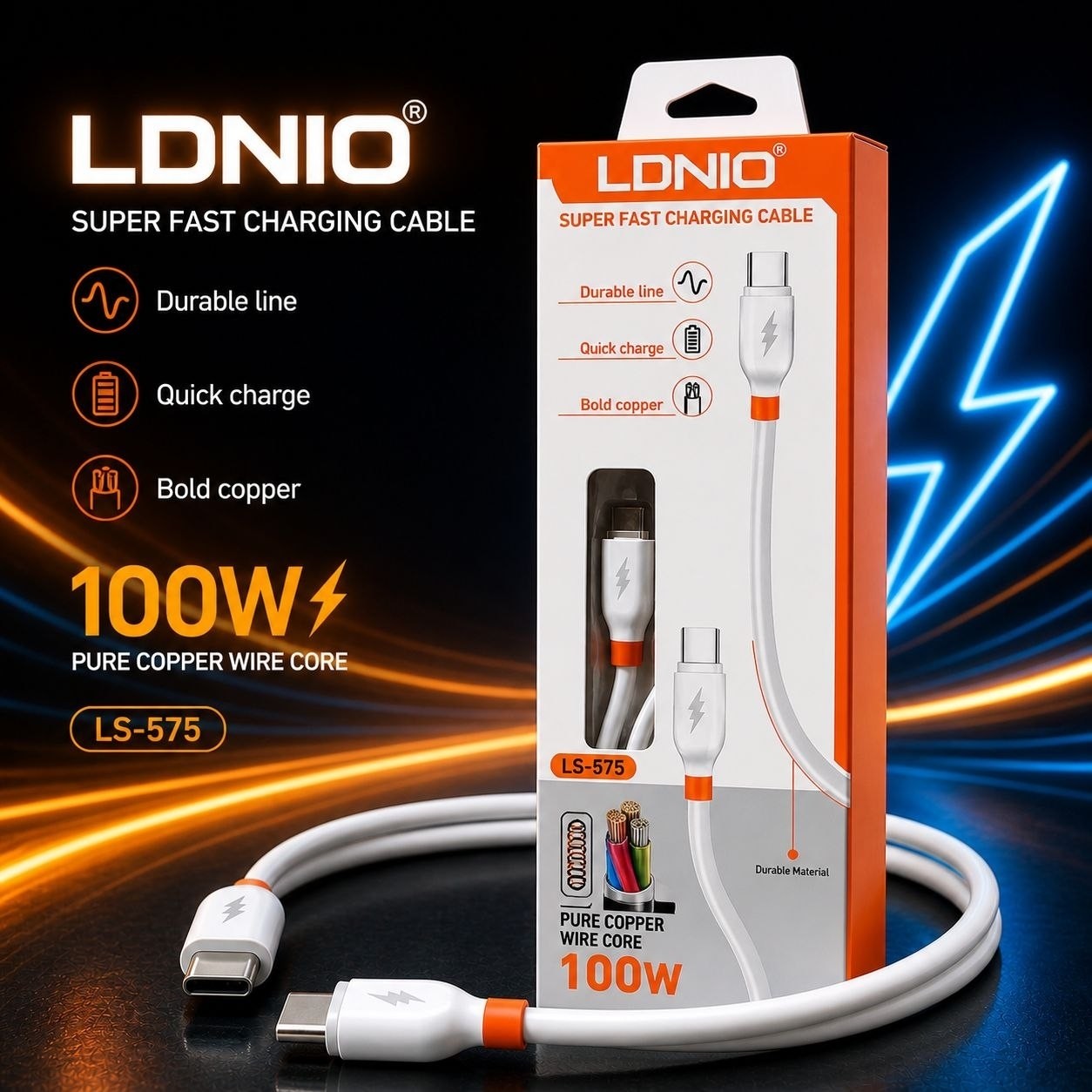 کابل شارژ دو سر تایپ سی سوپر فست شارژ LDNIO مدل LS-575