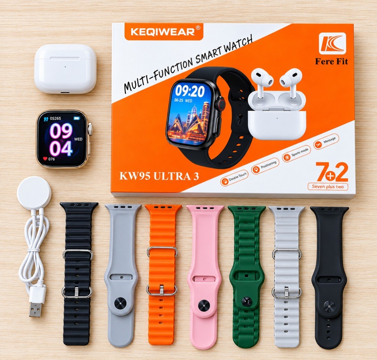 ساعت هوشمند KW95 Ultra 3 به همراه ایرپاد پرو 2 و 7 بند